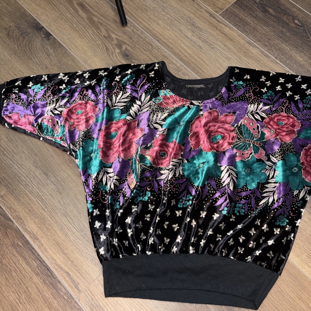 Vintage Women's Velvet Dolman Sleeve Floral Butterfly Top Glitter Grandmacore